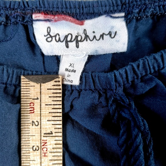 Sapphire Women XL Navy Blue Embroidered Cotton Boho Blouse Eyelet Scallop Hem - Picture 3 of 6